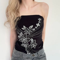 Hnewly Gothic Floral Print Tube Top Black Strapless Skinny Cropped Tops for Summer Casual Graphic Tees y2k Streetwear Vest Women
