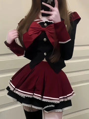 Hnewly Autumn Japanese Preppy Style 2 Piece Set Women Bow Slim Long Sleeve Tops+High Waisted Mini Skirt Female Y2k Fashion Chic Jk Suit