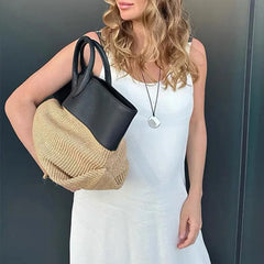 Hnewly Summer Straw Shoulder Women Large Capacity Rattan Handle Splicing Color Beach Bag Genuine Leather Tote Bags For Women
