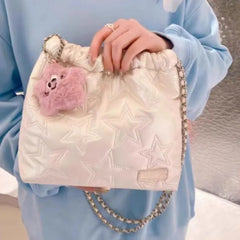 Hnewly Sweet Cute White Star Bucket Bag Women Stitching Leather Large Capacity Shoulder Bag Ladies Fashion Chain Y2k Crossbody Bag