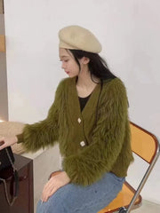 Hnewly Shaggy Sweater Cardigan for Women Soft Fluffy Knitted V-neck Button Down Jacket Cardi Knitwear Autumn Winter Fashion Chic Outfit