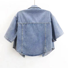 Hnewly Summer Short Sleeved Denim Jacket For Women 2025 Loose Single Breasted Turn Down Collar Loose Coat Korean Fashion Crop Top