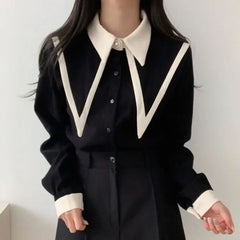 Hnewly Elegant Vintage Edge Piping Peaked Collar Shirts Women Spring Loose Puff Sleeve Blouses Simple Single Breasted Tops