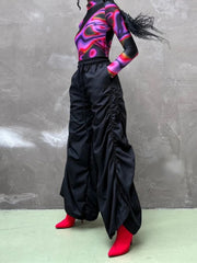 Hnewly Casual Sweatpant Pleated Women Drawstring Elastic High Waist Cargo Wide Leg Pant Retro Y2k Aesthetic Vintage Streetwear Jogger