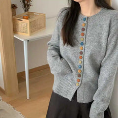Hnewly Multicolor Button Knit Sweater Cardigan Women Long Sleeve Button-Up Sweater Jacket Teen-girl Autumn Winter Korean Fashion Outfit