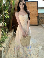 Hnewly Summer French Print Embroidery Women's Dresses 2025 Prairie Chic Elegant V-Neck Pleated Lace-up Long Dress New Fashion Casual