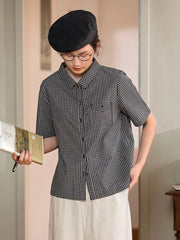 Hnewly Japan Plaid Shirt Women Vintage Causal Short Sleeve Simple Blouse Preppy Style Retro Loose Female Summer Cute All Match Top