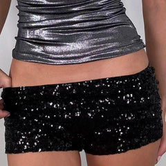 Hnewly Party Style Skinny Sequin Shorts Solid Low Rise Slim-fitting Short Pants for Women y2k Aesthetic Streetwear Shorts Summer