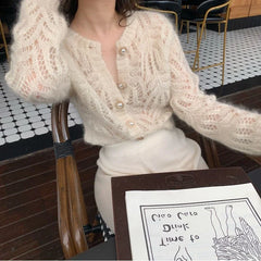 Hnewly Women Hollow Out Fluffy Vintage Button-up Temper Ladies Knitted Sweater Outwear Slouchy All-match Loose Casual Ulzzang