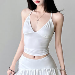 Hnewly Summer Solid Hollow Out Backless Camis Women Casual Sleeveless Lace-up Cropped Tops Sexy V-neck Skinny Tees y2k Harajuku