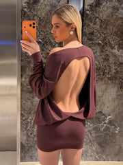 Hnewly Cutenew Simple Slash Neck Dress Women Backless Classic Lantern Sleeve Skinny Solid Elegant Party Clubwear Stretch Bodycon