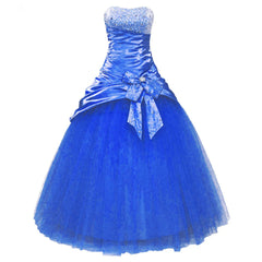 Hnewly Elegant Strapless Beading Crystal Bow Tulle Satin Ball Gown Evening Dress Sweep Train Floor Length Prom Dress Party Gowns