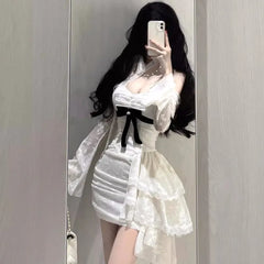Hnewly DRESS TO IMPRESS Y2K Lace Bodycon Mini Dresses for Women Slash Neck Flare Sleeve A-line Birthday Party Short Train Dress Korean Fashion Vestidos
