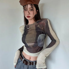 Hnewly Top Female Tie Dye Spring Autumn Slim Women's Long Sleeve T-shirt Sexy Crop Y2k Fashion Korea Goth Cheap Clothing Sales Clothes