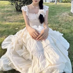 Hnewly Mid-Length Lace Insert Belted Hemline Sleeveless Empire Waist Gown for Women Elegant Coastline Holiday Style Cake Skirt