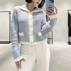 Hnewly Sailor Collar Sweater Cardigan for Women Soft Waffle Knit Button Front Sweater Jacket Teen-girl Fall Winter Classic Chic Outfit