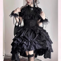 Hnewly Gothic Lolita Stand Collar Bubble Short Sleeved Lace Shirt High Waist Slim Irregular Multi-layer Midi Skirt Two-piece Set