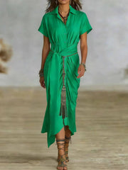 Hnewly Elegant High Waist Commuting Long Dress Spring Summer Women Lapel Short Sleeved Dress Casual Single Breasted Lace Up Shirt Dress