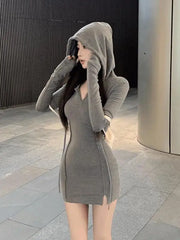 Hnewly Spring Autumn Fashion New Korean Style Soft Girl Tight Sexy Wrapped Hip Skirt Women's Hooded Long Sleeved Solid Color Dress