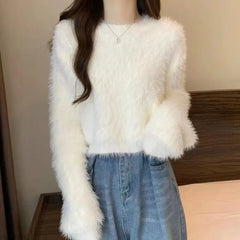 Hnewly Women's Fuzzy Knitt Top Long Sleeve Mock Neck Fluffy Sweater Pullovers Cozy Plain Jumper Teen-girl Fall Winter Y2K Outfit