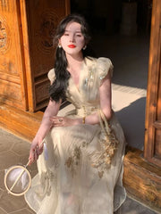 Hnewly French Vintage V-Neck Midi Dress Female Casual Even Party Clothing Summer Retro Elegant One Piece Dress Korean 2000s Y2k