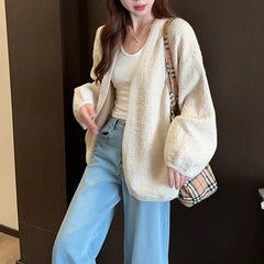 Hnewly Open Front Knit Cardigan for Women Comfy Balloon Sleeve Open-front Sweater Coat Female Duster Cardi Casual Autumn Winter Outfit