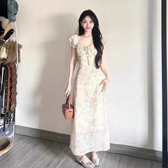 Hnewly Women Dress Puff Short Sleeve Floral Printed Square Collar Summer Fashion Bandage Sweet Elegant Female Dresses Casual