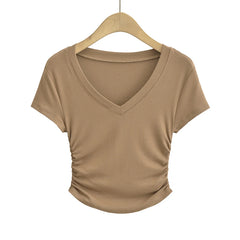 Hnewly Summer sexy t shirts for women short sleeve tees black korean fashion t shirt v neck top pink ruched white crop top y2k fashion