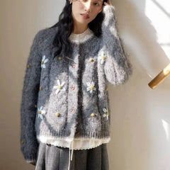 Hnewly Flower Embroidery Knitted Sweater Cardigan 2025 Spring Autumn Soft Single-breasted Top Women Korean Style Loose Long Sleeve Coat