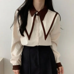 Hnewly Elegant Vintage Edge Piping Peaked Collar Shirts Women Spring Loose Puff Sleeve Blouses Simple Single Breasted Tops