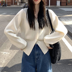 Hnewly Women's Petite V-Neck Cardigan Soft Button Front Cropped Sweater Jacket Fall Winter 2025 Elegant Chic Outfit