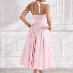 Hnewly Spring Women's Elegant Waist Hanging Neck V-neck Crimson Waist Dress