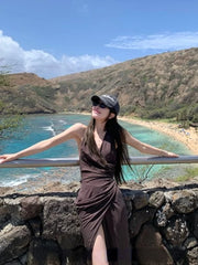 Hnewly French Vintage V-neck Midi Dress Female Casual Beach Style Clothing Summer Retro Elegant One Piece Dress Korean Fashion Chic