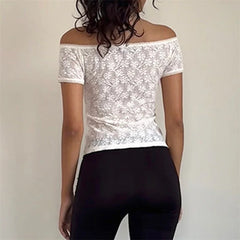 Hnewly Lace Tops for Women Fairycore Clothing Off Shoulder Hollow Out Short Sleeve Tshirt with Little Flower Decor y2k Clothes
