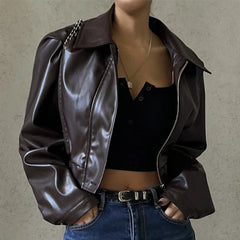Hnewly PU Faux Leather Jacket Aesthetic Fashion Streetwear Turn-down Collar Coat Women Autumn Casual Simple Long Sleeve Coats