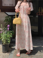 Hnewly Summer Floral Printed Midi Dress Women Off Shoulder Puff Sleeve Fairy A-line Elegant Dresses Casual Korean Fahion Vestidos Mujer
