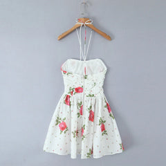 Lunivop Sexy White Floral Print Lacing Up Bow Halter Sling Dress Women Fold Ruched Slim Waist Backless Swing Short Dresses Robe