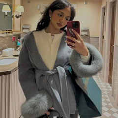 Hnewly Fashionable Fur Collar Double-Faced Wool Coat Women's Luxe Tie Pocket Button Long Sleeve Jacket Winter New Commuting Coat