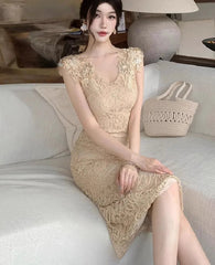 Hnewly Women Dress Lace Patchwork Sleeveless Slim Split V Neck Summer Fashion Sexy Elegant Temperament Party Dresses Female