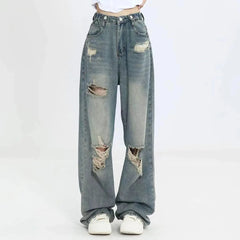Hnewly American Retro Hole-punched Jeans Women High Waist Straight-crotch Loose Slim Design High-street Vibe Wide-legged Dragging Pants