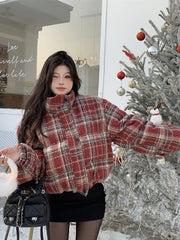 Hnewly Winter Vintage Warm Plaid Parkas Women Thick Loose Long Sleeve Cute Cotton Coat Casual American Retro Stand Collar Y2K Tops