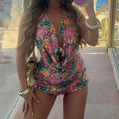 Hnewly Women Shiny Sequins Shorts Set Beach Vacation Backless Halter Crop Top + Micro Bodycon Shorts Festival Rave Club 2 Piece Outfit