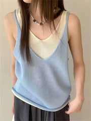 Hnewly Summer V-neck Shoulder Top Women Clothing Sweater Vest Pullover Fashion New Fake Two-piece Knit Tank Tops for Women Tops