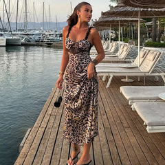 Hnewly Spice Girl Lace Leopard Print Polka Dots Dress Women's Sexy Hollow Spaghetti Strap Sleeveless Dress Club Party Long Dess