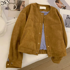 Hnewly Suede Short Jacket Women Korean Camel Fashion Long Sleeve Flight Suit Harajuku Single Breasted Loose Tops Female Vintage Coats