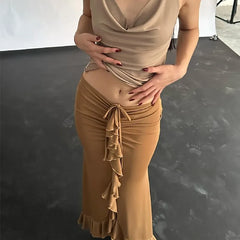 Hnewly Women Solid Ruffles Skinny Skirt Sexy Ruched Bandage High-waist Street Skirts Summer Elegant Office Casual Short Dress