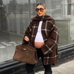 Hnewly Elegant Women's Knit Contrast Plaid Cardigans Loose Scarf Collar Long Sleeve Female Sweater Autumn Lady Chic Warm Knitwear