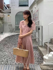 Hnewly Woman Dress Short Sleeve Floral Printed Ruffles French Style Chic Summer Fashion Casual Temperament Elegant Dresses