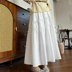 Hnewly Elegant White Long Skirts for Women Summer Elastic High Waist Ruffles A-Line Skirts Woman Korean Fashion Mid Length Skirt Ladies