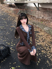 Hnewly Vintage Plaid Patchwork Midi Dress Autumn Korean Long Sleeve Lapel Casual Dress Y2K Elegant Hepburn Style Slim A Line Vestidos